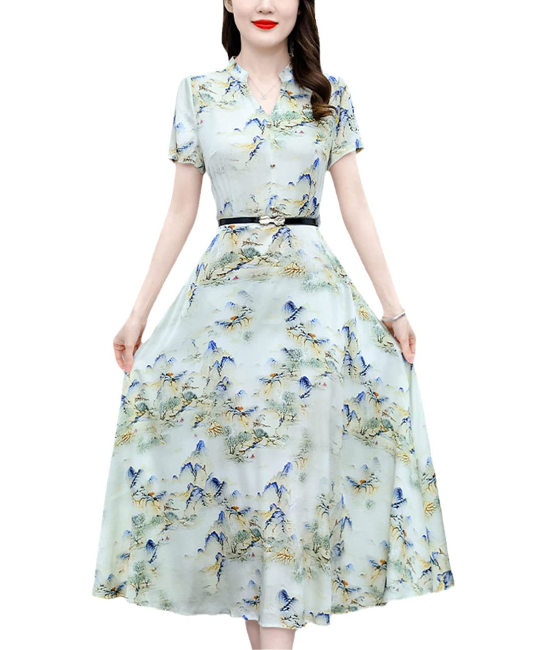Abito estivo da donna, lungo, in raso, da spiaggia, casual, floreale, alla moda, a maniche corte, aderente, da sera