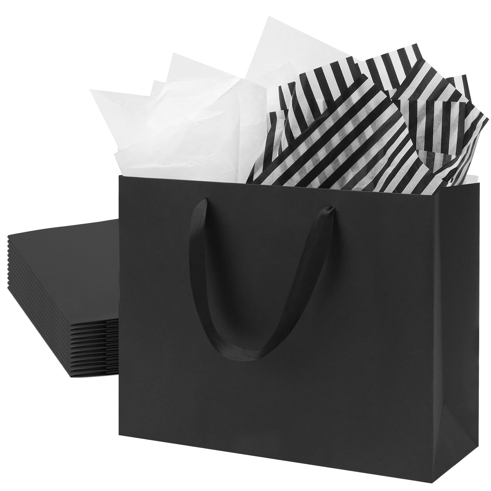 FISHLONO Black Gift Bags Bundle In Different Sizes (8.5'', 10'', 13'') Small Medium