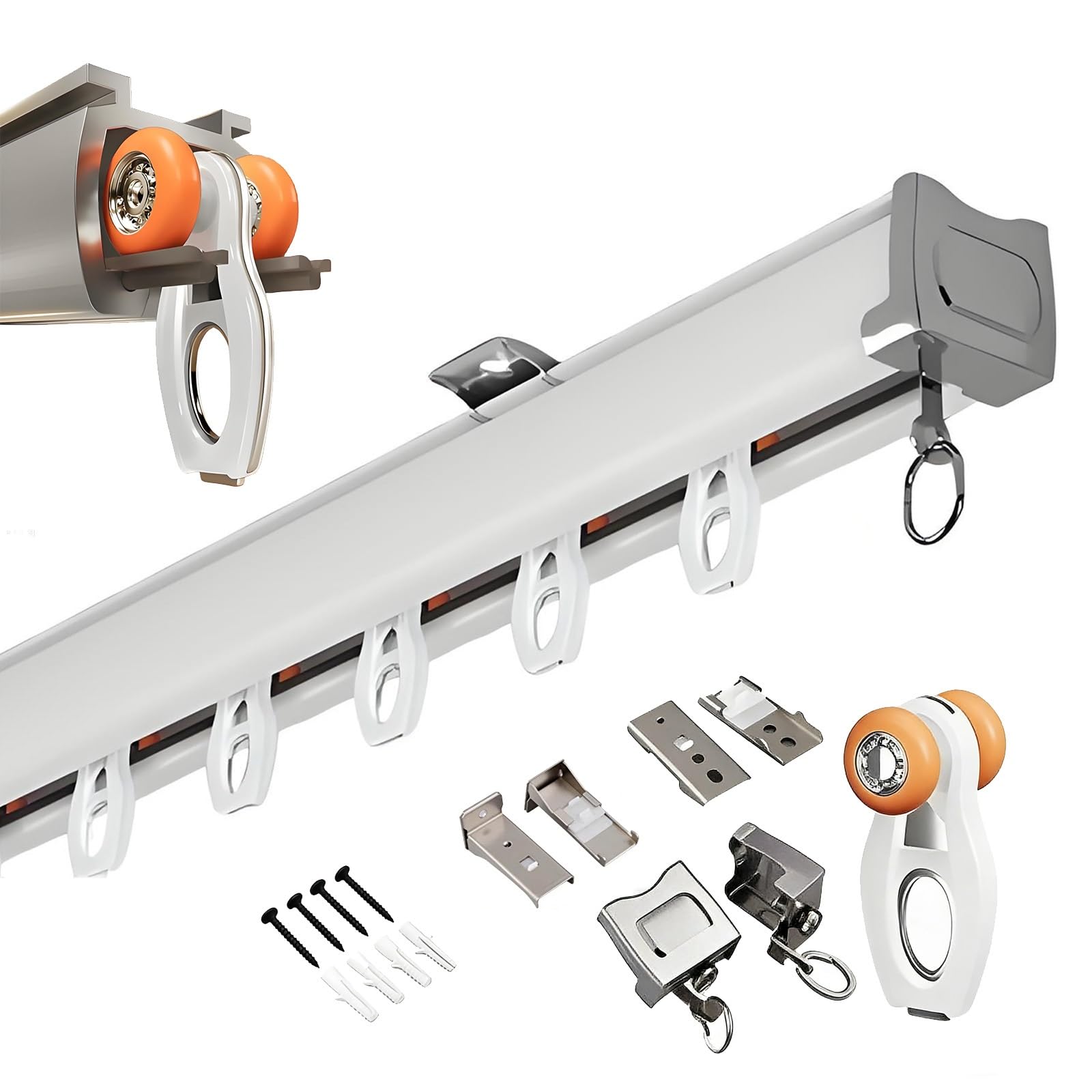 GLDYTVF Aluminum Ceiling Curtain Track 1.9m (6.2ft) Adjustable Wall-Mounted Curtain Rod with Hooks Complete Hardware Set Perfect for Bedroom Extends 1-5m White