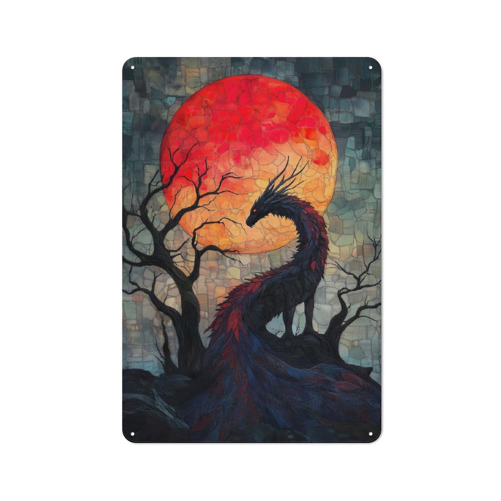Junmoney Tissue Bloodmoon Dragon Metal Sign 30X20cm With For Workshop Wall, Rustic Decor, For Garage, Workshop And Man Cave Decoration