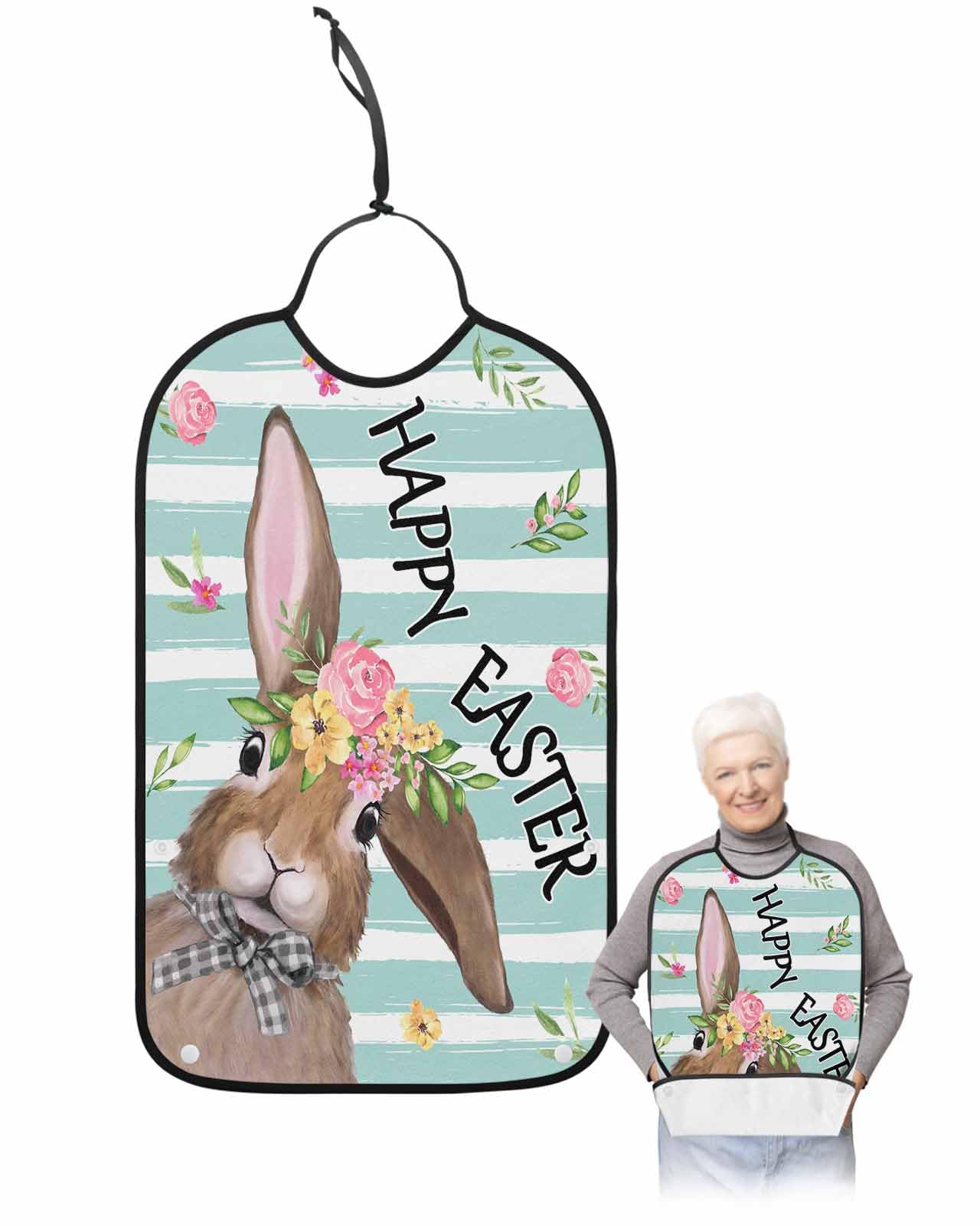LEOKOTI Spring Easter Bunny Adult Bibs for Eating, Waterproof Bibs with Food Catcher & Adjustable Snap Closure, Teal Striped Floral Botanical Washable Clothing Protectors Adult Bibs for Elderly