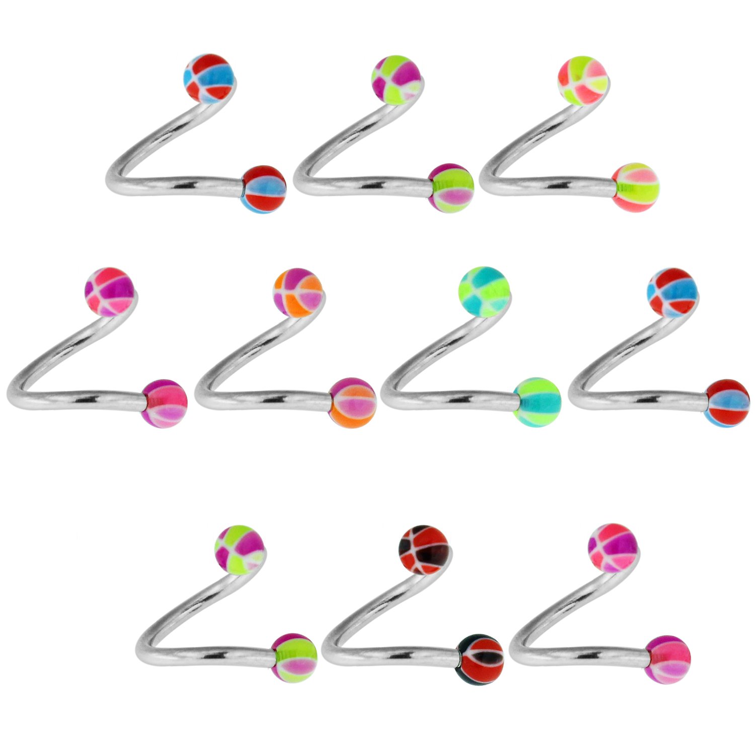 5 Pcs 316L Surgical Steel Spiral Barbell with 3MM UV Multi Colored Basketball Ball Body