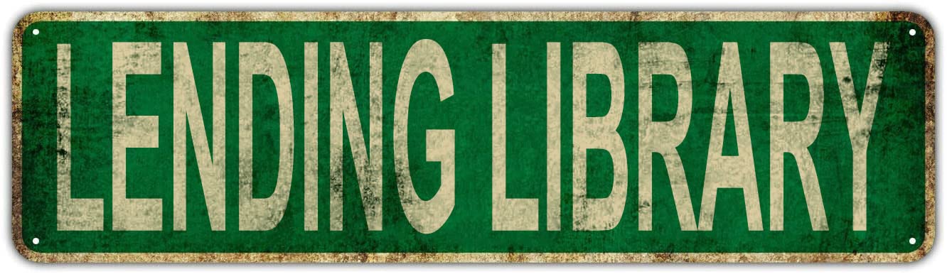 peiyeety Lending Library Metal Tin Sign Literary Community Wall Decor For Study Living Room Bedroom And Reading Nooks, Classic Vintage Design Creates Warm Cozy Intellectual Home Atmosphere,4X16 Inch