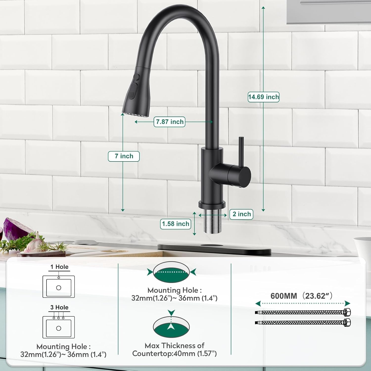 Rubinetto Lavello Cucina - Rubinetto Cucina con Doccetta Estraibile a 3 Modalità, Monocomando Miscelatore Cucina Nero, Alta Pressione Rubinetto Lavello Cucina Girevole a 360°, Rubinetti Cucina