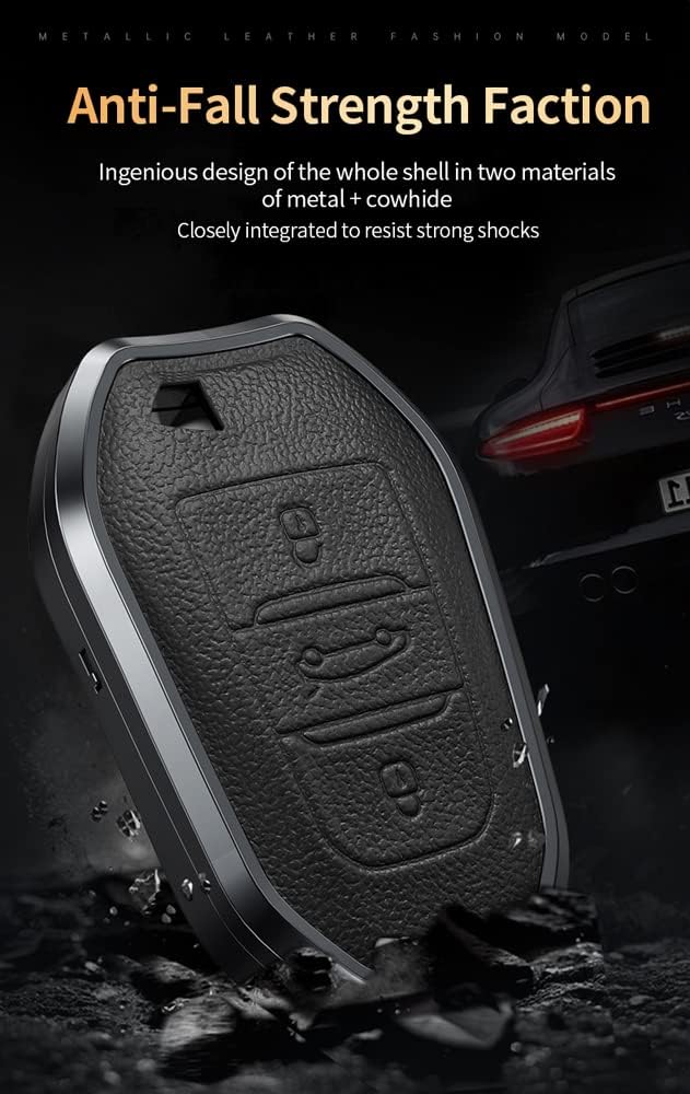 HIBEYO Alloy Leather Texture Car Key Fob Cover with Keychain fits for Peugeot Citroen Picasso Elysee 308 407 3085 5008 C3 DS5 DS6 Car Key Case Cover Jacket Smart Remote Car Key Holder 3 Button White