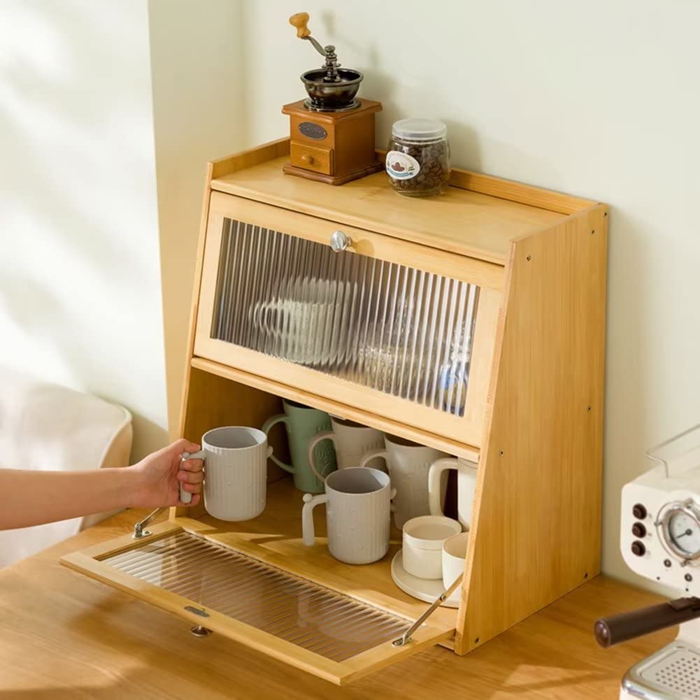 Amazon｜MEMETARO カウンター上収納棚 ミニ 食器棚 幅50cm 竹製 扉付
