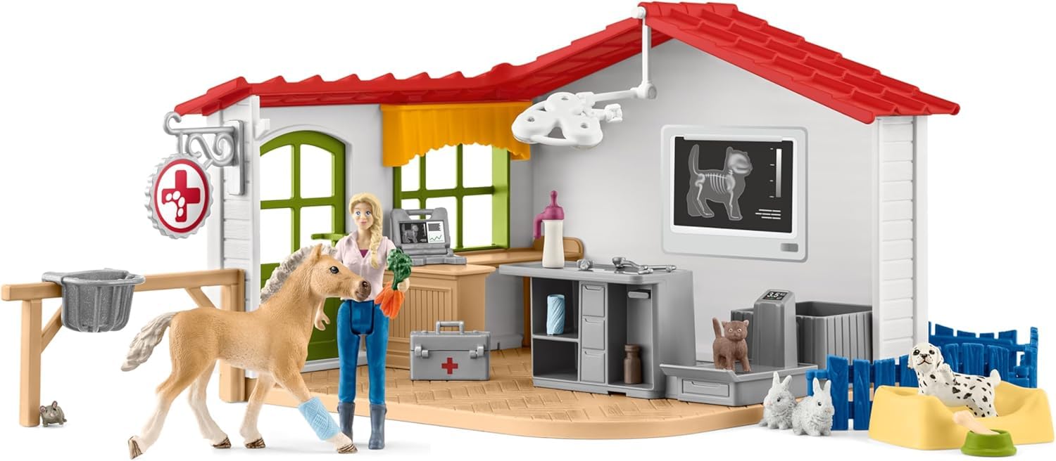 Schleich Farm World 42502 — Set de Clínica Veterinaria para Animales, 27 Piezas — Incluye Clínica, Veterinario, Animales de Juguete y Accesorios — Juguetes para Niños de 3 Años o Más