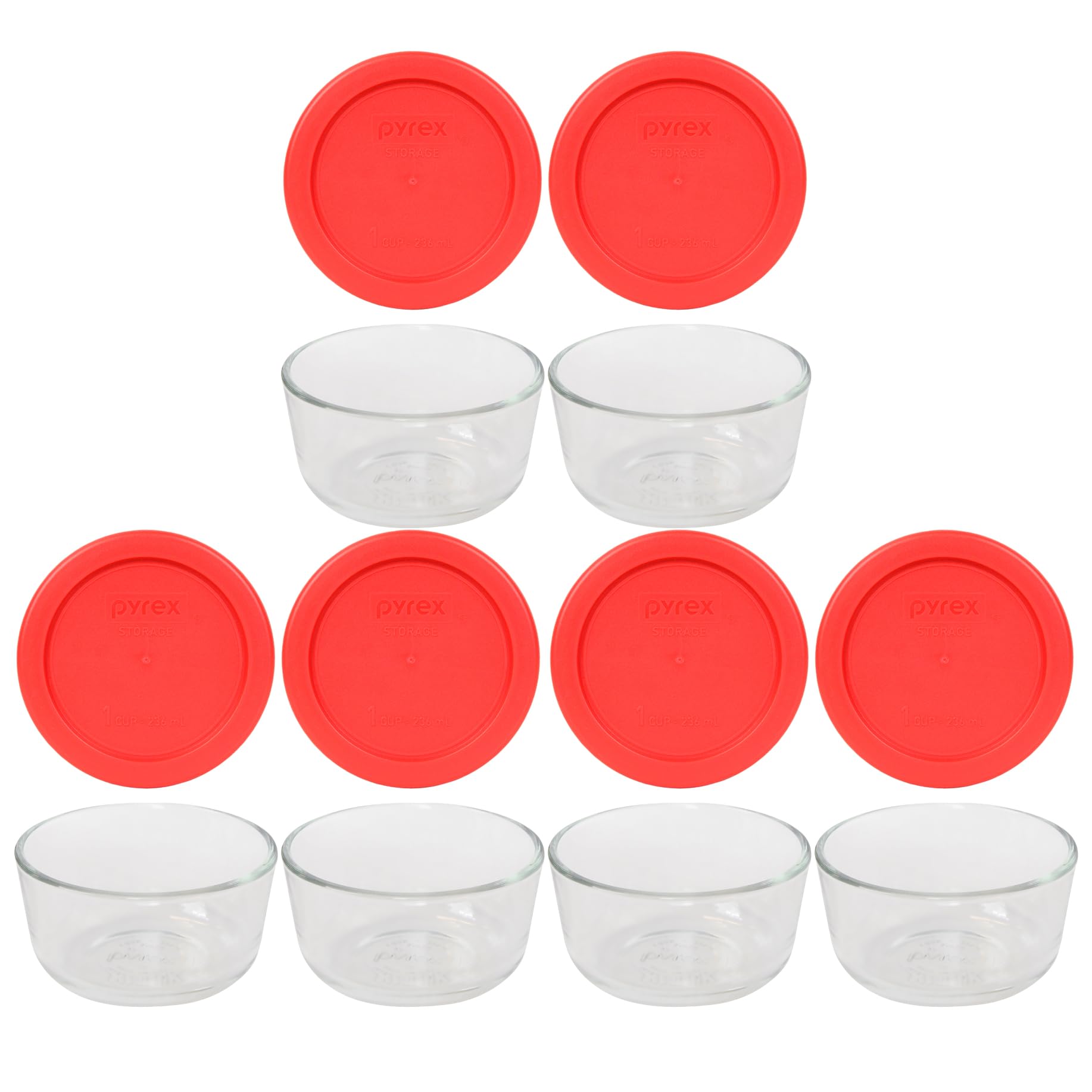 7200 2 Cup Glass Bowls & 7200-PC Red Food Storage Replacement Lids (6-Pack) - Made in USA