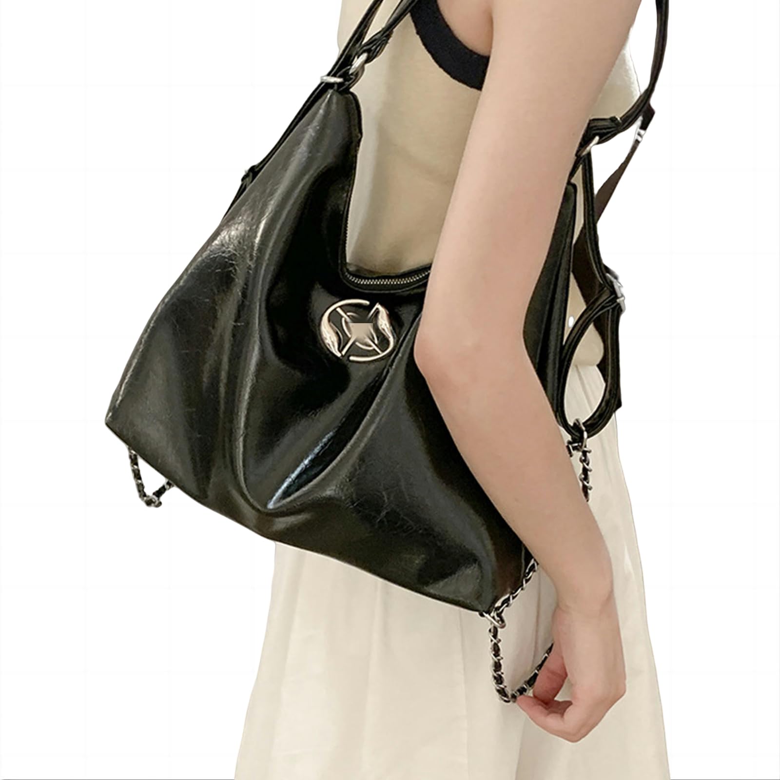 Umhängetasche Damen Rucksack -Frauen -modeketten -Bucket -Tasche Schülern Klasse Große Kapazität Schulterhandtasche Tasche Tasche-schwarz-32 * 25