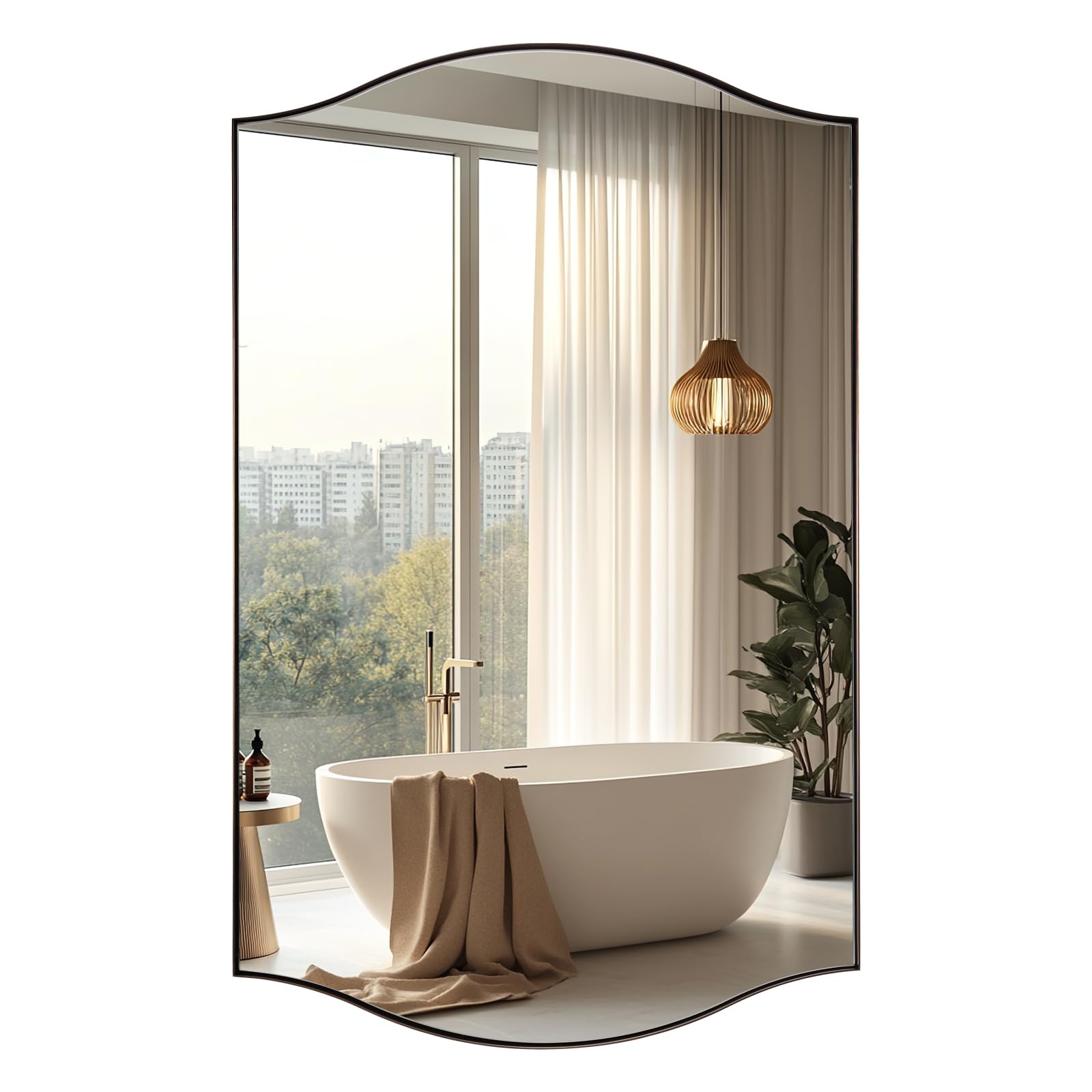 ANDY STAR 30"x48" Scalloped Mirror，Brushed Bronze Rectangle Bathroom Mirror with Curved Edge Stainless Steel Metal Frame, Large Wall-Mounted Mirror for Bathroom, Entryway (Horizontal/Vertical)