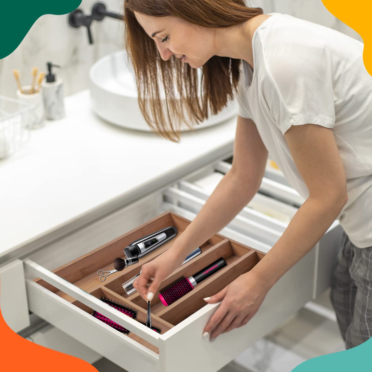 ECO SOUL Organic Bamboo Wooden Kitchen Drawer Organizer | Sturdy, Large 12' x 17' | Organizer Tray for Silverware, Cutlery, Flatware, Utensil Holder | Grooved Drawer Dividers, 5 slots