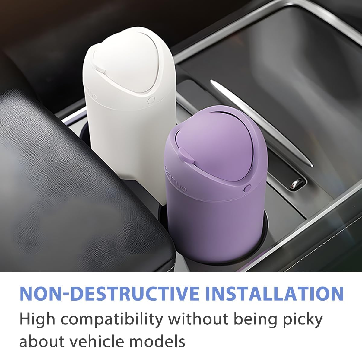 Car Trash Can with Lid, Silicone Leakproof Mini Round Vehicle Garbage Bin for Cup Holder, Portable Automotive Interior Waste Storage & Organizers Accessories, Universal Fit (Purple)