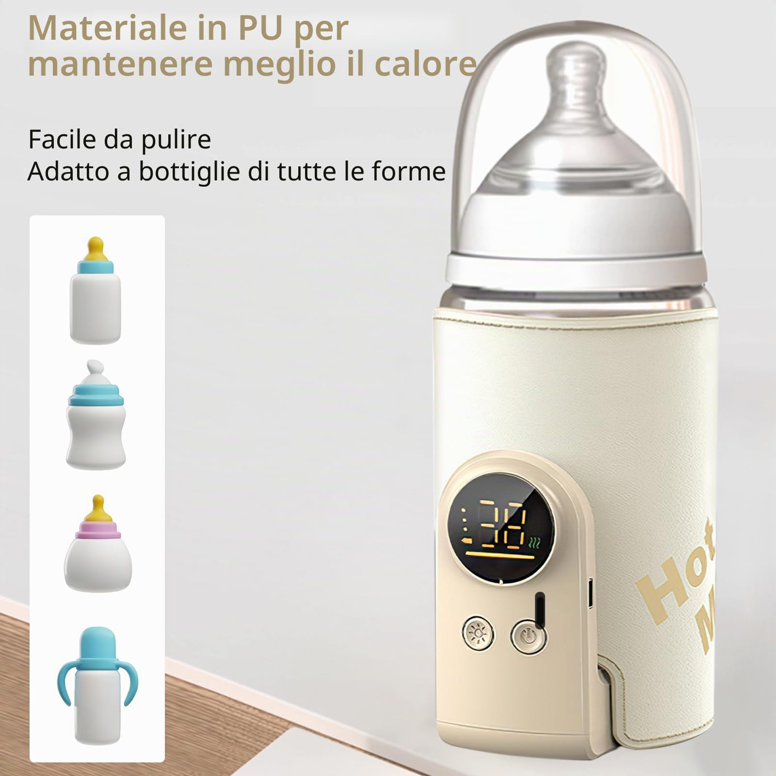 scaldabiberon per bambini, portatile, in viaggio con display LCD, ricarica USB, 6 temperature regolabili 38-50 ℃, scaldabagno per bambini in viaggio e in casa (beige)