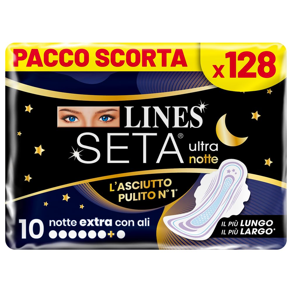 LINES SETA ULTRA EXTRA NOTTE con ali, Pacco scorta da 128 assorbenti per ciclo mestruale, extra protezione per la notte fino a 12 ore, zero odori, Ipoallergenico, cuore lines super assorbente