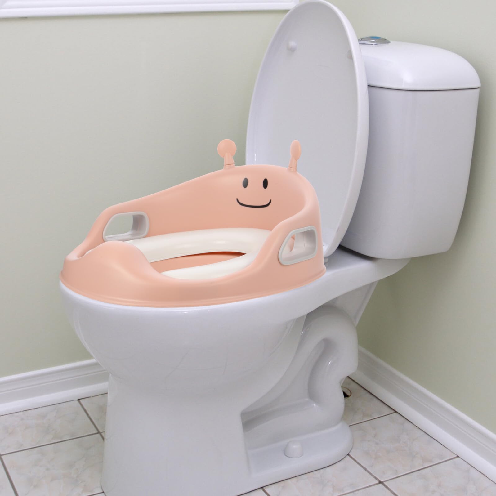 Riduttore WC in PU con Maniglie di Presa Sedile Confortevole Protettivo e Design Cartoon Facile da Installare e Portatile per Allenamento al Vasino