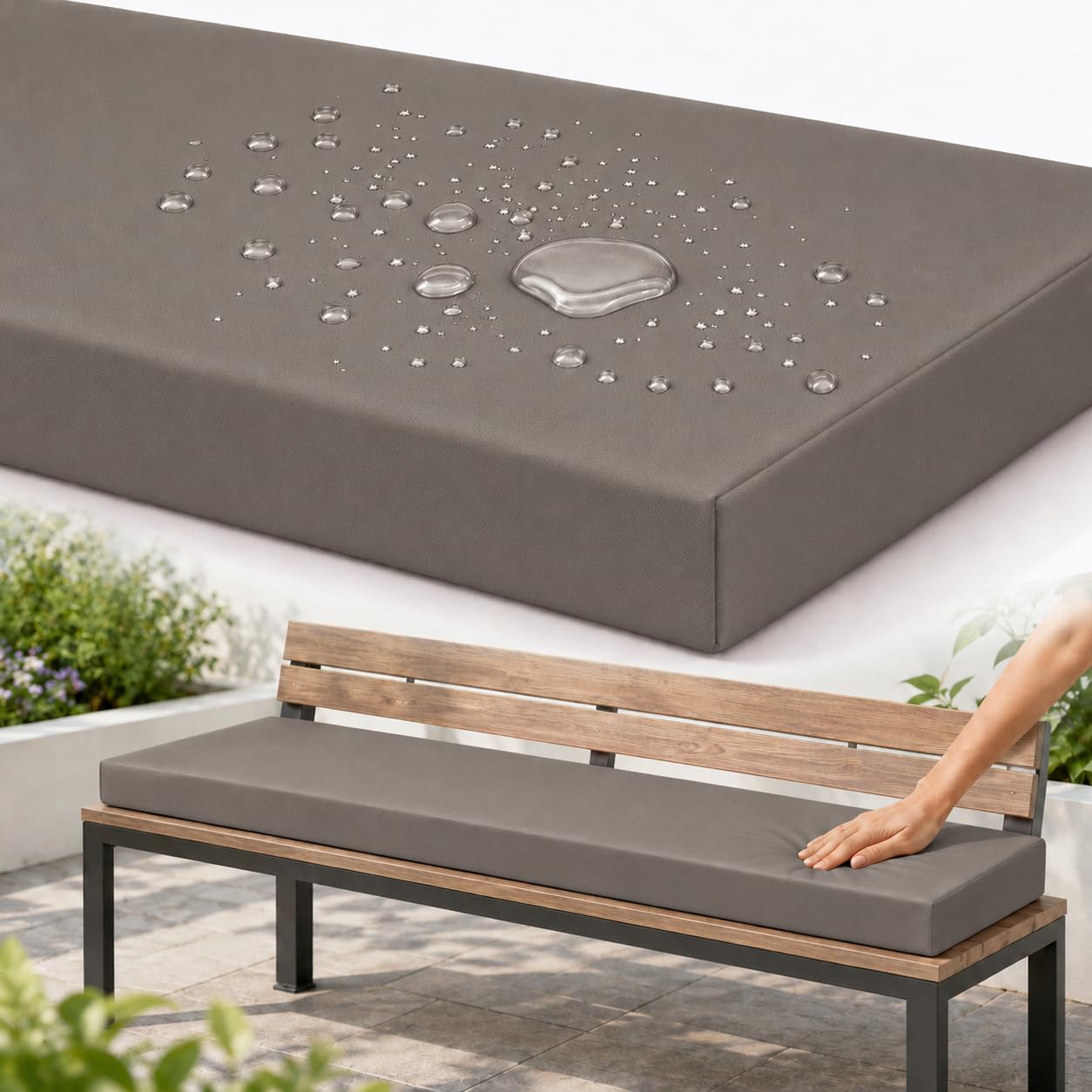 AZMAHT Bench Cushion Outdoor, Garden Bench Cushion with Waterproof Polyester Cover, 50D Foam, Non-Slip Base, 2 Ties, Removable Zip Cover for Patio, Bay Window, Garden Swing,Gray,60x35x5cm