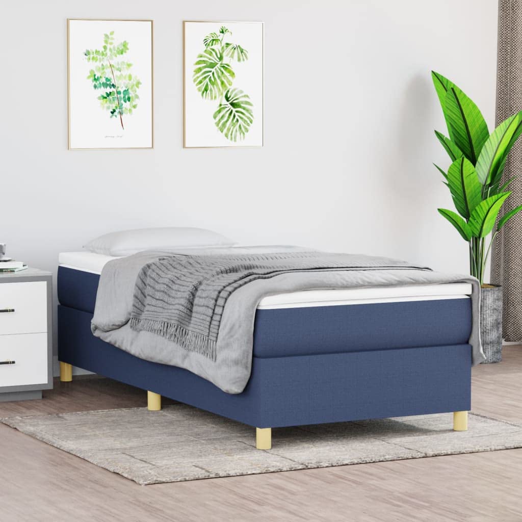 Łóżko kontynentalne z materacem w kolorze niebieskim, 90 x 190 cm, materiałowa rama łóżka i nakładka na materac, łóżko pojedyncze ze sprężynami kieszeniowymi, stelaż listewkowy, łóżko