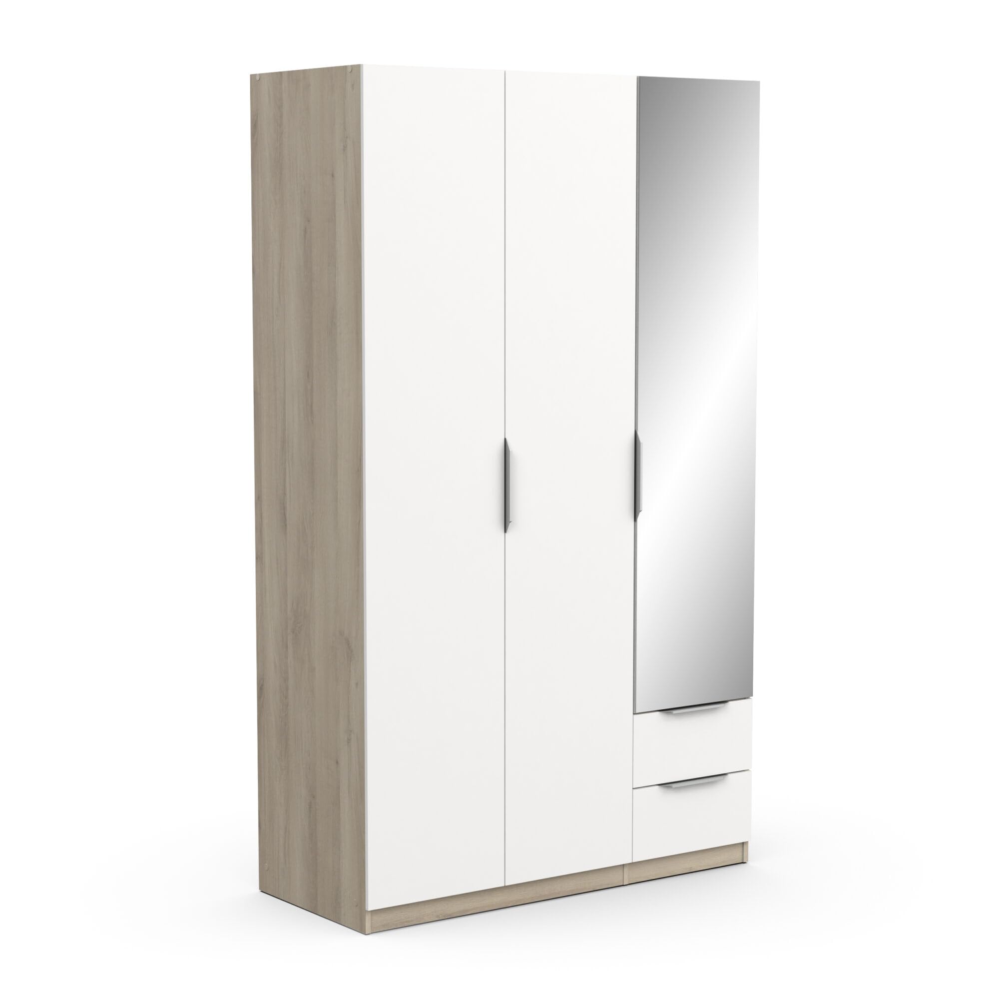 Armoire GHOST - Décor chene kronberg et blanc mat - 3 Portes + 2 Tiroirs + 1 miroir - L.119,4 x P.51,1 x H.203 cm - DEMEYERE