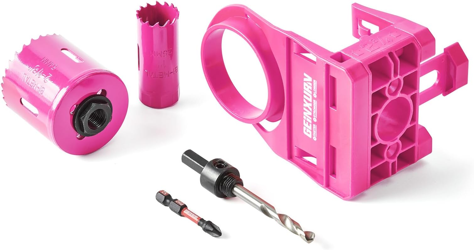 1-3/8" - 1-3/4" Door Lock Installation Kit for Metal and Wood Doors with Guide Template, Door Lock Hole Saw, M2 Steel (Pink)