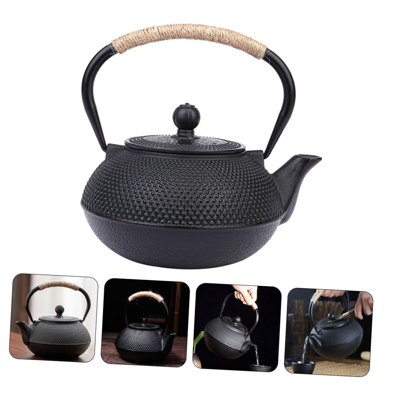 Tetera de Hierro Fundido Negra 900ml Estilo Japonés Retro | Infusor para Hojas Sueltas, Tamaño Pequeño, Superficie Interior Lisa, para Salones de Té y Salas de Reunión