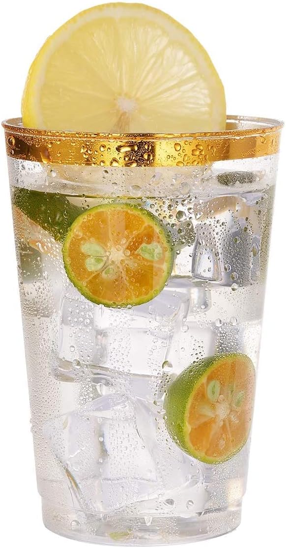 Simcha Collection pack 0f 50 10 Oz disposable Fancy Gold Rim Clear hard Plastic Tumblers/Cups, for Wedding,Elegant Party & All Occasions.:200CT
