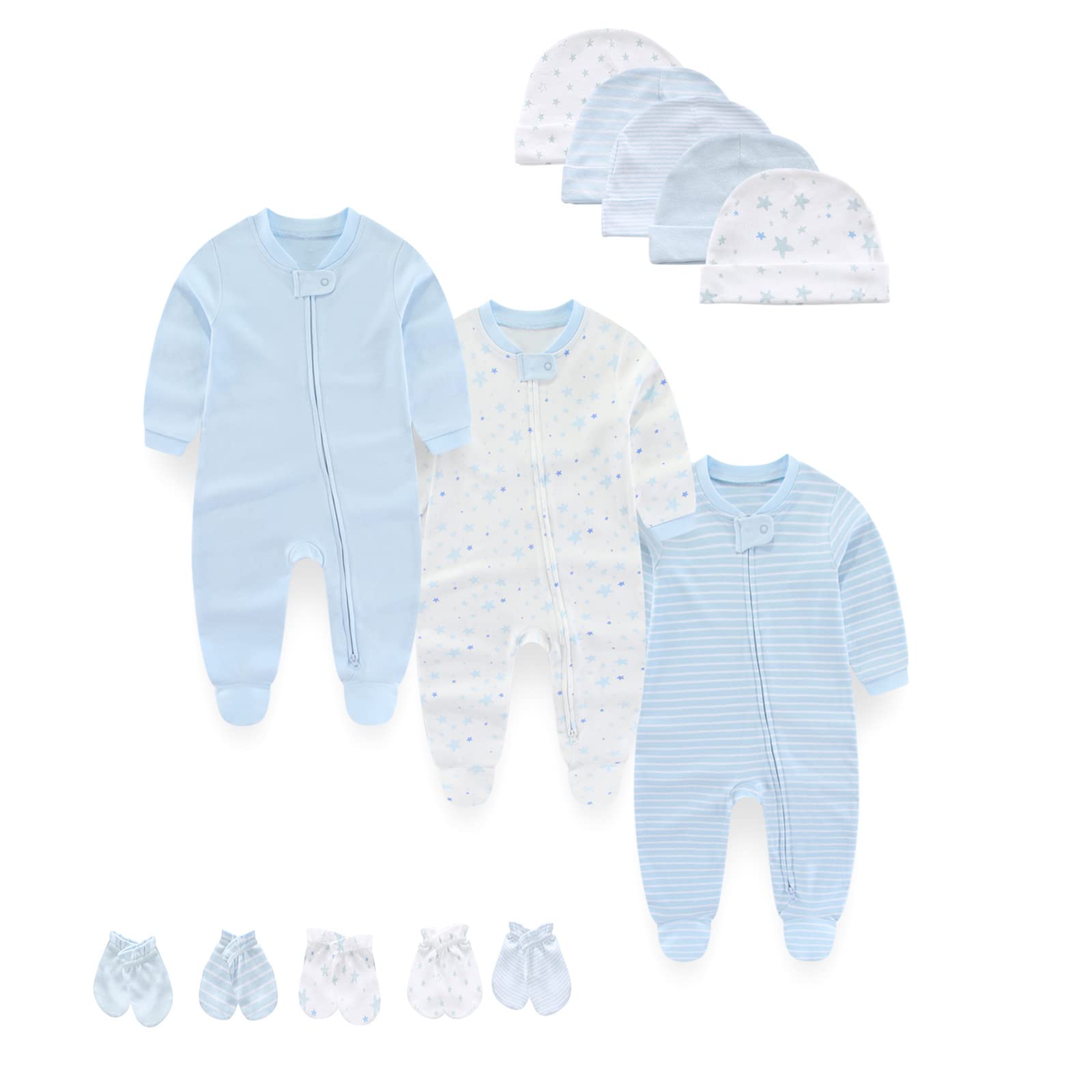 MAMIMAKA Conjunto de ropa de bebé recién nacido, pijama de algodón con cremallera de 2 vías, gorros y manoplas para rascar de 0 a 6 meses
