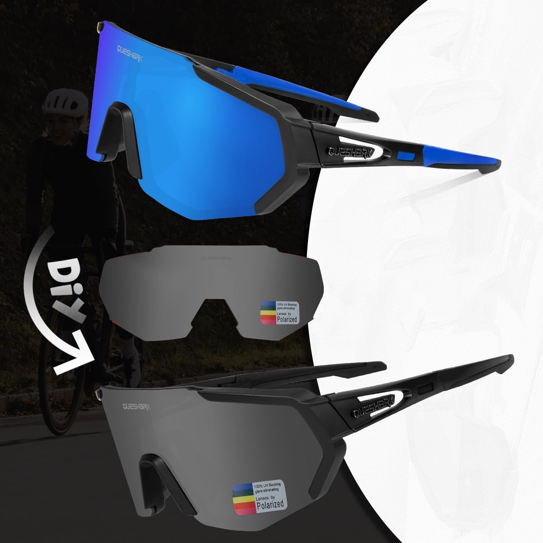 Queshark Polarizzati Anti-UV Occhiali da Ciclismo Bici MTB Intercambiabili per Sport Uomo Donna Guida Pesca Golf Baseball Corsa