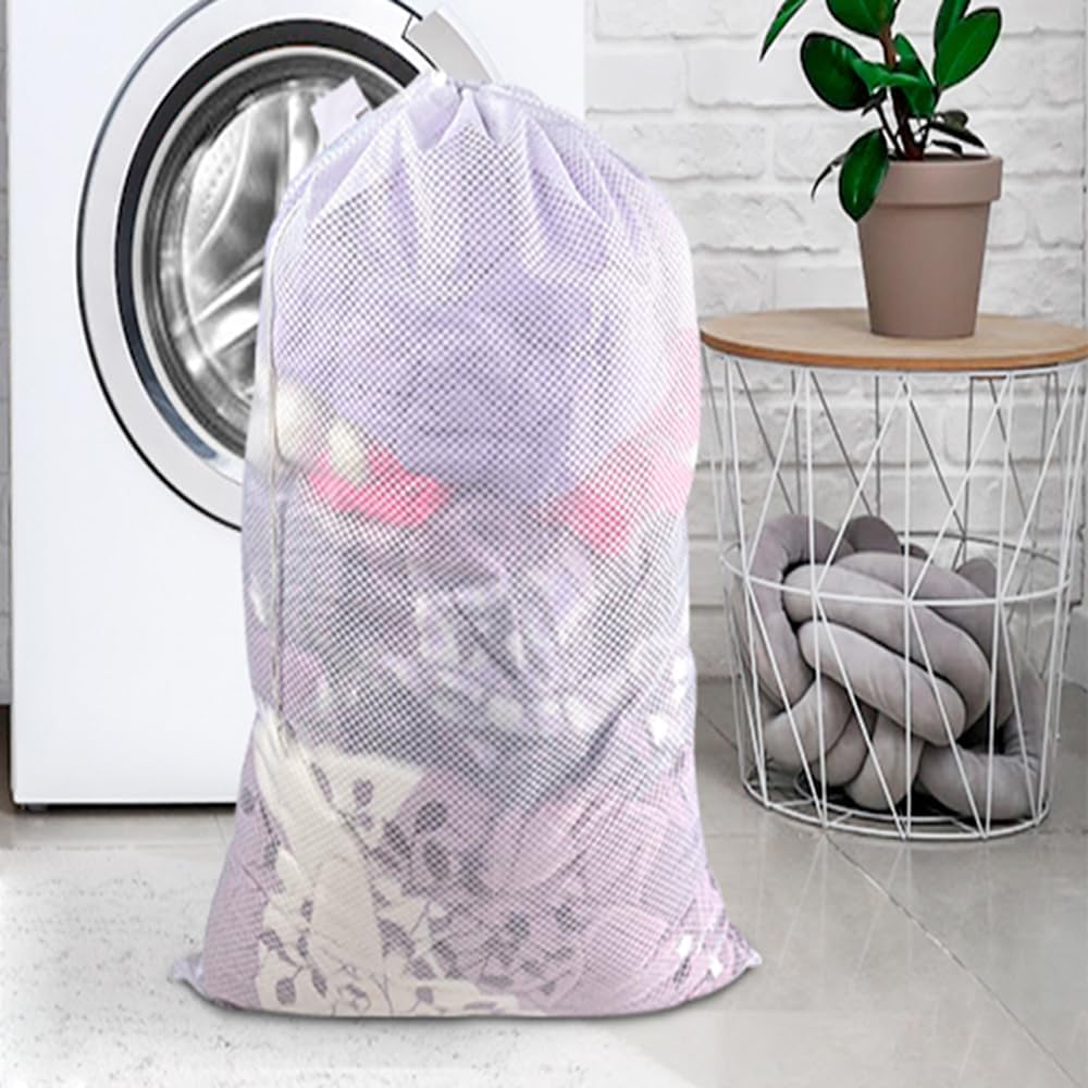 Heavy Duty Diamond Mesh Laundry Bags with Drawstring Closure and ID Tag, Large Durable Laundry Hamper Liner, Washable Laundry Bag for Travel, Sports, Dorms (24"x 36"| 1 Pack) - White