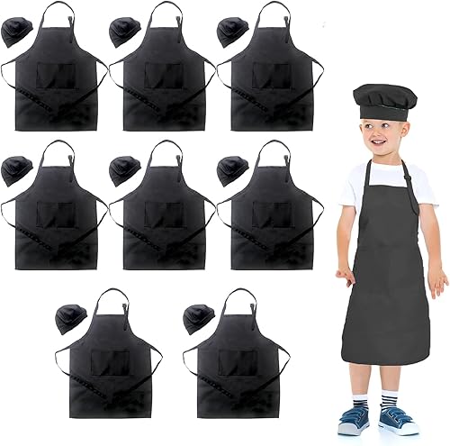 Toal - 16 delantales negros para chef, delantales de chef ajustables con 2 bolsillos para niñas y niños, para pintar, cocinar, hornear (negro, 8