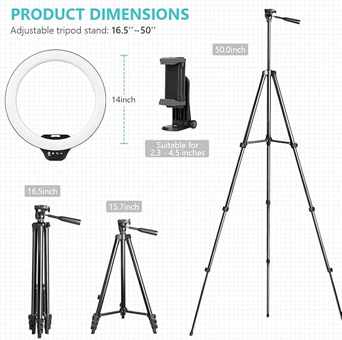 Miniatura 2 de Sensyne Anillo de luz de 14 pulgadas con trípode extensible de 50 pulgadas, luces LED circulares con soporte para teléfono para transmisión en