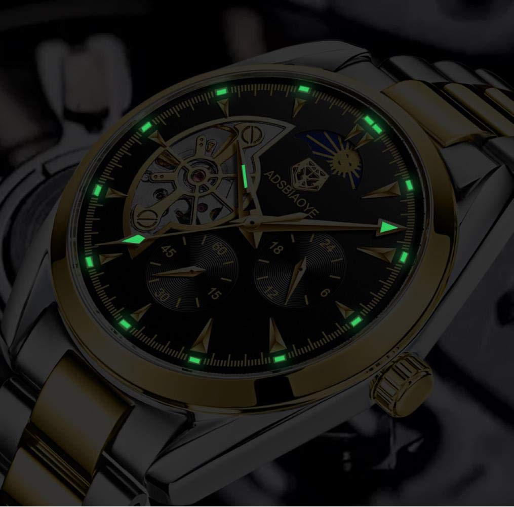 Orologi Da Polso,Orologio Da Uomo Automatico Automatico A 6 Pin Impermeabile Con Fasi Lunari Tourbillon, Quadrante Dorato E Nero