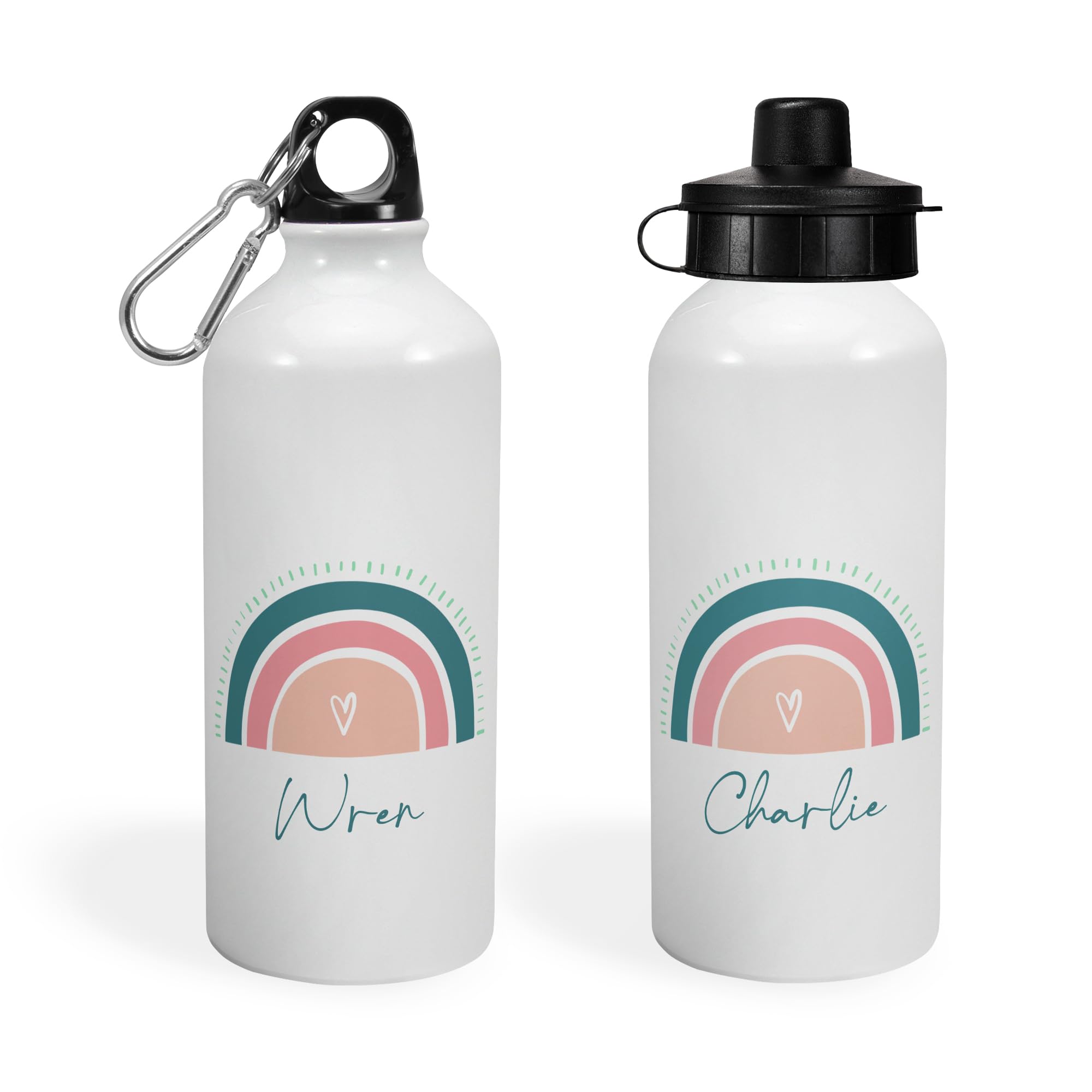 Print Maniacs Personalised Water Bottle School Sport Cap Drink White Silver 600ml or 400ml Aluminium Kid Boys Girls Biking Gift Boho Rainbow (White, 600ml)