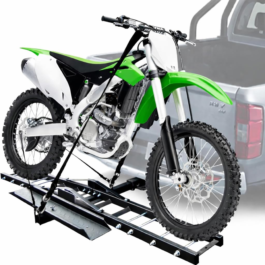 Motorrad-Kupplungsträger, 227 kg, robuster Stahl, Dirtbike-Gepäckträger mit Laderampe, Kippschutz, Anti-Wackel-Schloss, Anhängerkupplung, Motorradträger