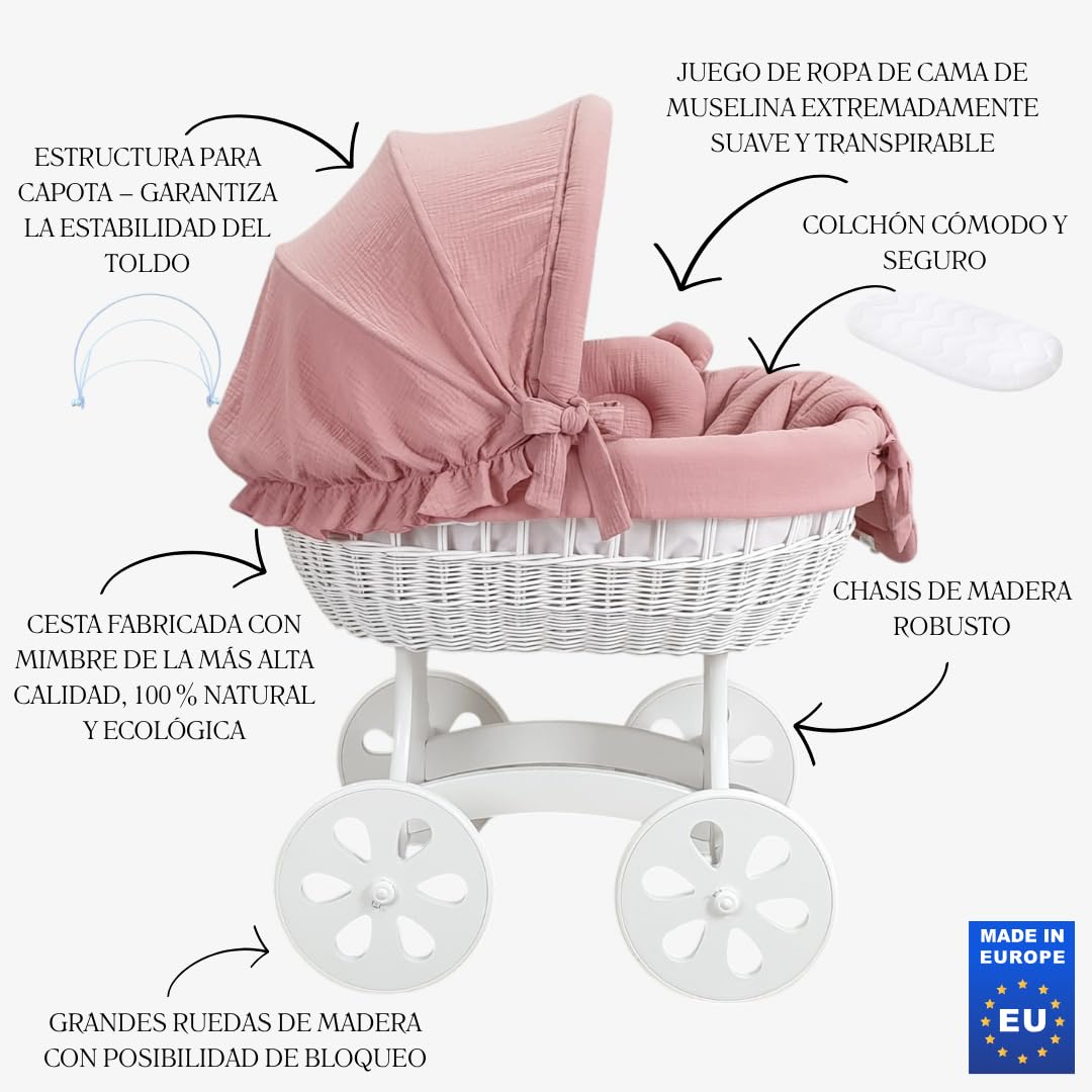 Wiklinopol Moisés de Mimbre para Bebé con Soporte de Madera y Ruedas Annabell – Cuna con Colchón y Ropa de Cama 5 Piezas Muselina Rosa – Cochecito Blanco para Recién Nacido