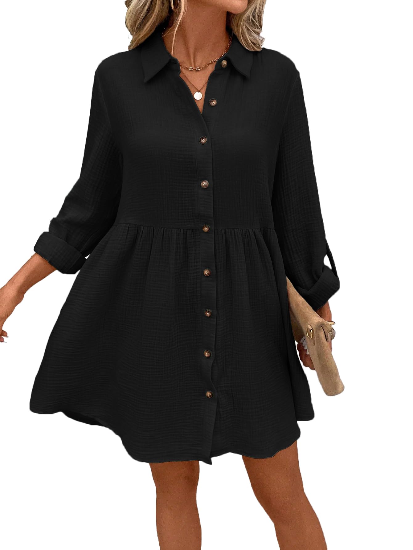 Tadkee Women's Polyester Classic Above The Knee Casual Dress (Fn-Pop-Dress-131-Black-L_Black
