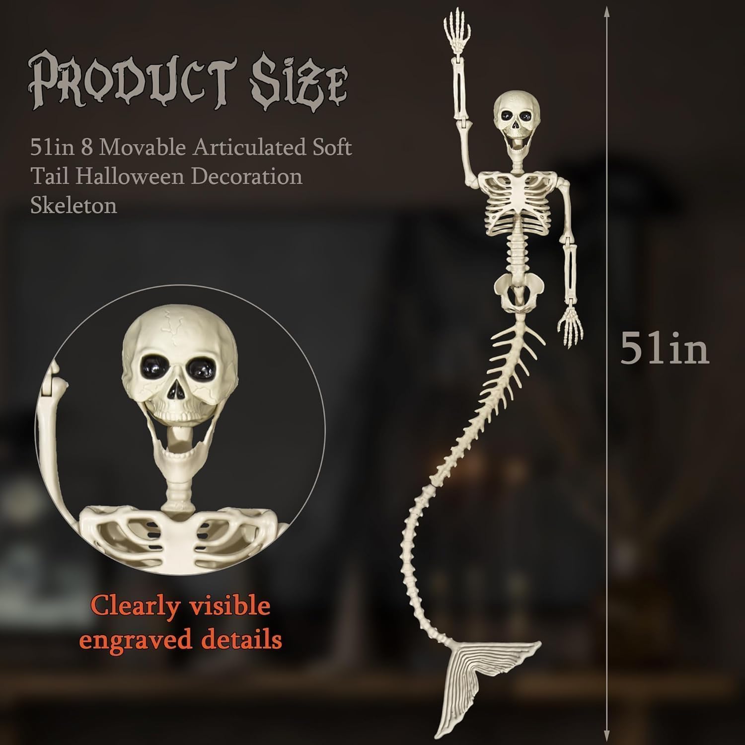 2 Pack 52 Inches Mermaid Halloween Skeleton Pose-N-Stay Posable Movable Jonints Hanging for Halloween Decoration Decor Spooky Scene Party Favors