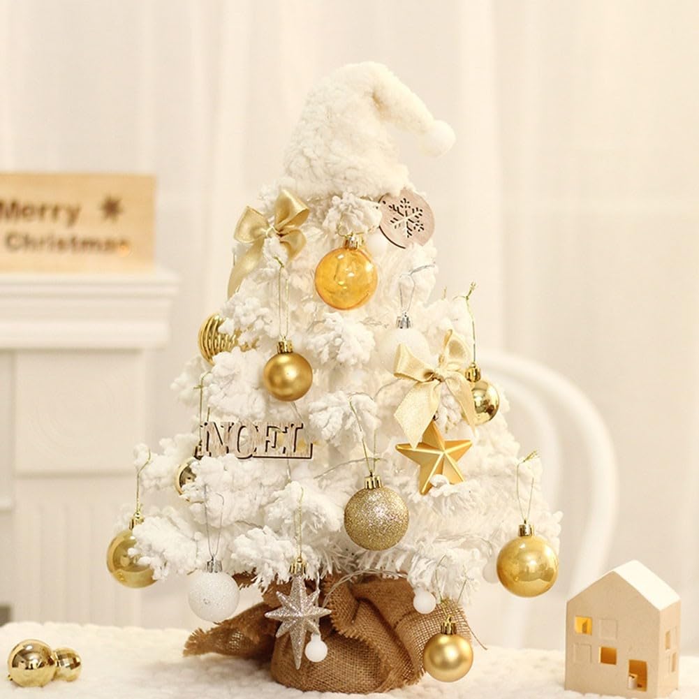 Mini albero di Natale da tavolo con LED bianco e neve, decorazione per la casa