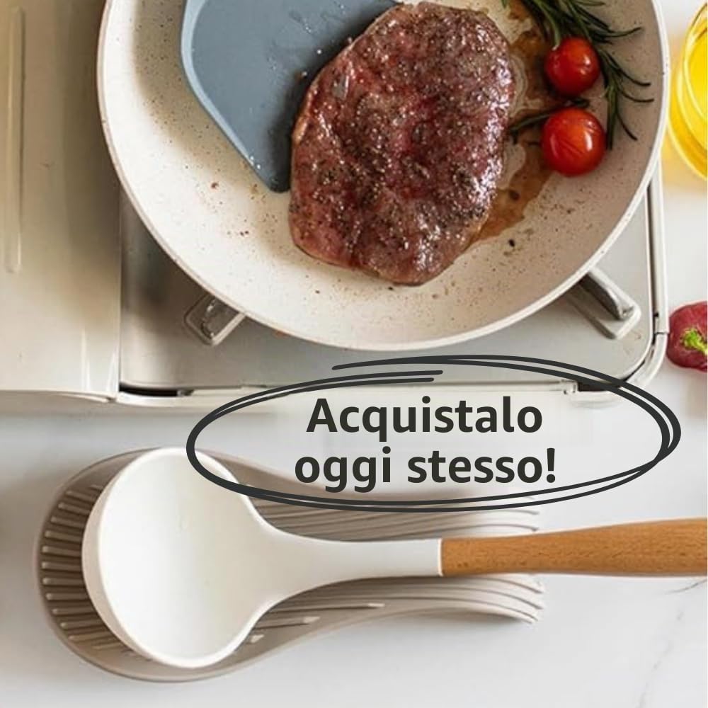 Poggia Cucchiai da Cucina – Poggiamestolo in Silicone Set da 2 Grigio e Beige – Resistente al Calore, Antiscivolo e Antigoccia – Supporto per Cucchiai – Spoon Rest