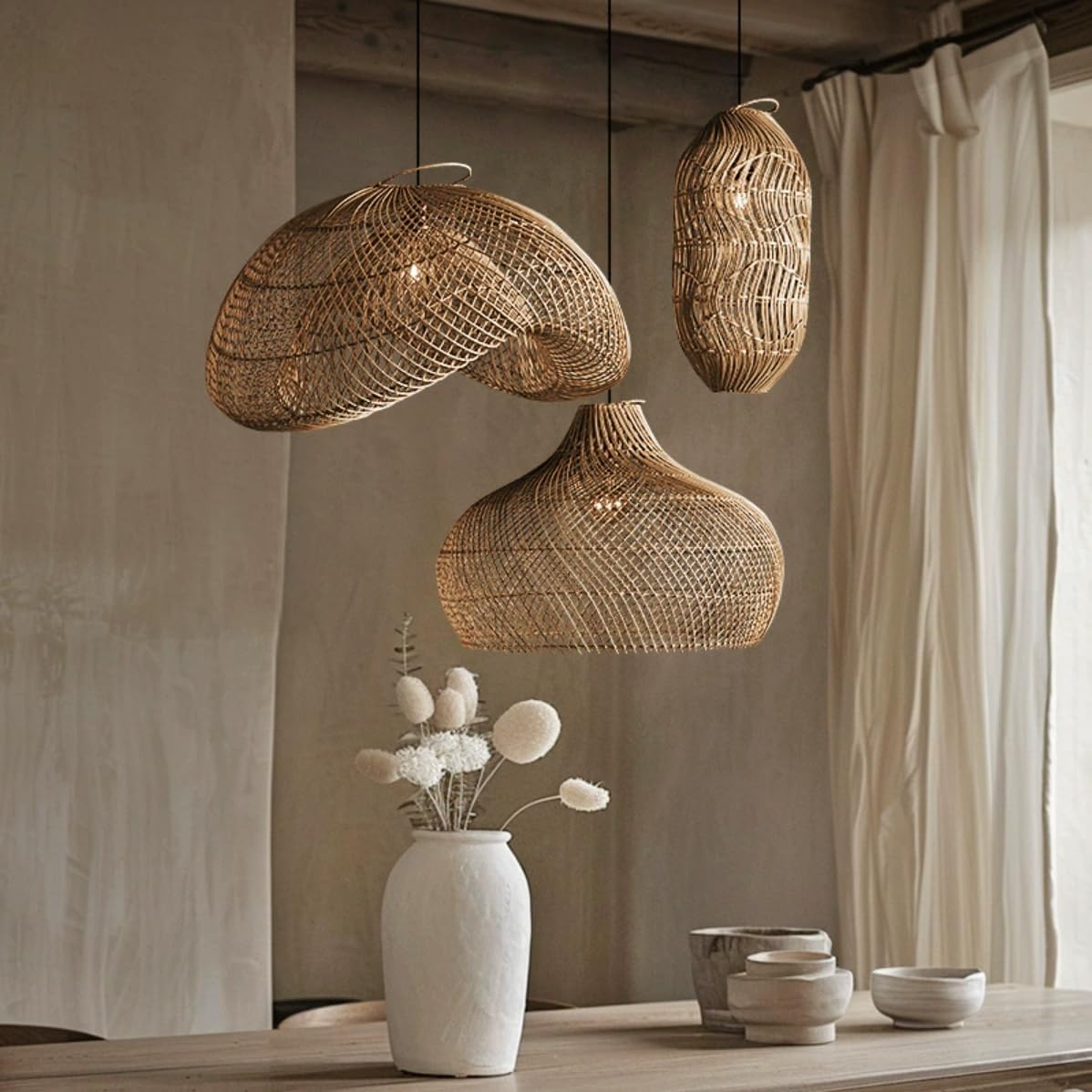 Dark Brown Rattan Pendant Light Coastal Large Woven Pendant Hanging Light Natural Basket Chandelier Farmhouse Bamboo Pendant Lighting for Kitchen Island Dining Room - 19.5"