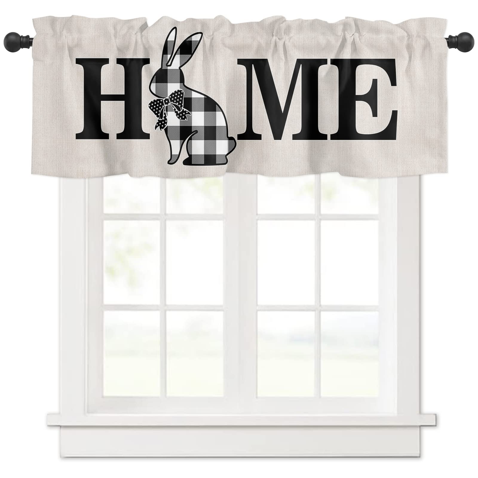 Valances Curtain,Easter Home Black Buffalo Plaid Rabbit Linen,Thermal Insulated Rod Pocket Valances Curtain for Kitchen Window,54x18 Inch-image-21