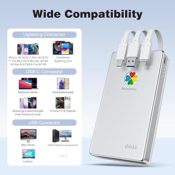 iDiskk 2TB MFi Certified External Hard Drive for iPhone 17 16 15 14, iPad, Android, Mac, and PC, Portable Photo Stick for One-Tap Auto Backup and Data Encryption, USB 3.0 High-Speed Storage