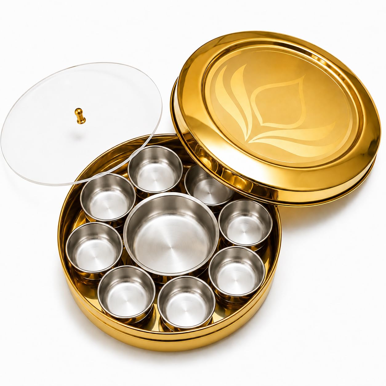premium stainless steel pooja box with gold pvd coating | 6.5 inch puja box | 9 bowls (1 large + 8 small) with transparent cover | lotus design for haldi kumkum, mandir, diwali & gifting