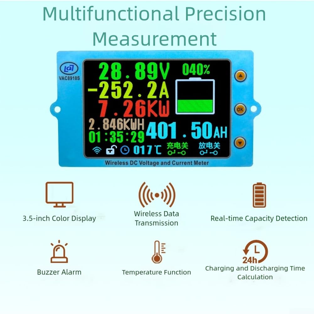 Coulómetro inalámbrico digital LCD Watt Volt Amp con retroiluminación para monitor de capacidad de batería RV Solar Backup 114x54x28mm (500V100A)