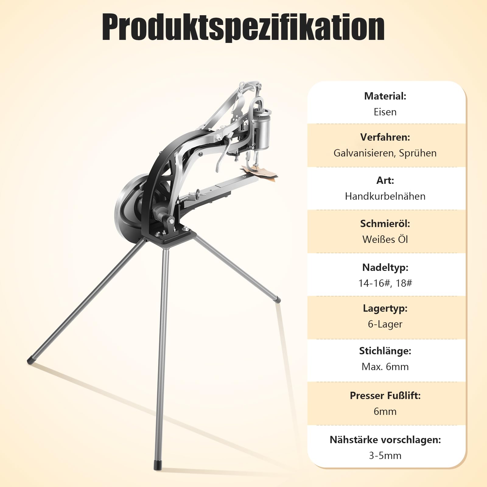 Handkurbel-Ledernähmaschine, manuelle Schusternähmaschine für Leder, Gummi und Segeltuch, max. 6 mm Stichlänge, 6 Lager, 8,2 kg – vielseitige Nähmaschine für Schuhe, Taschen und Zelte