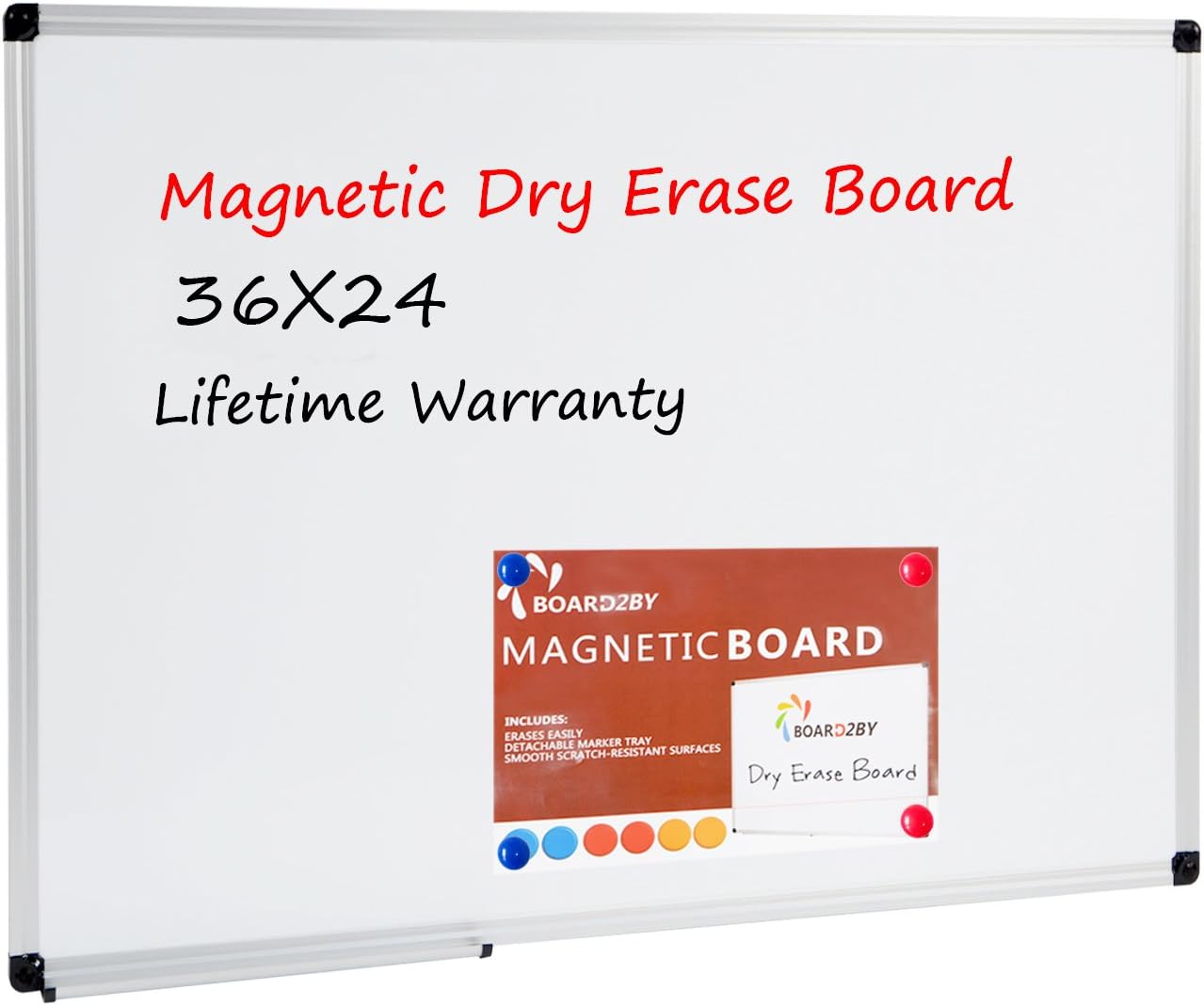 Board2by Magnetic Dry Erase Board - 36” x 24” Aluminum Frame Silver Whiteboard with Detachable Marker Tray and 6 Magnets