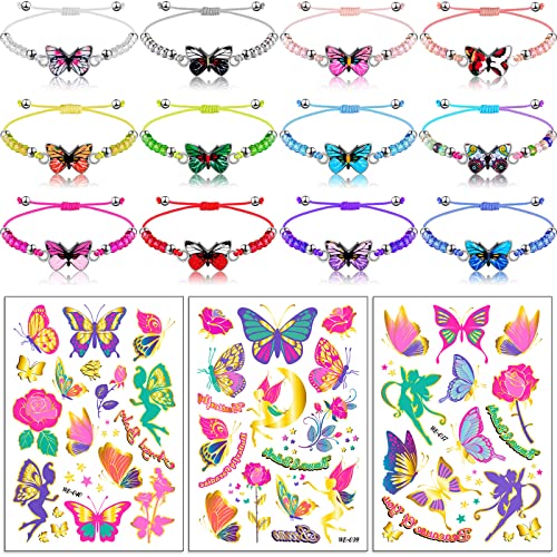 Yinkin 15 Pieces Butterfly Party Favors Colorful Butterfly Bracelets and Butterfly Temporary Tattoos Adjustable Bracelet for Butterfly Party Butterfly Party Supplies Set
