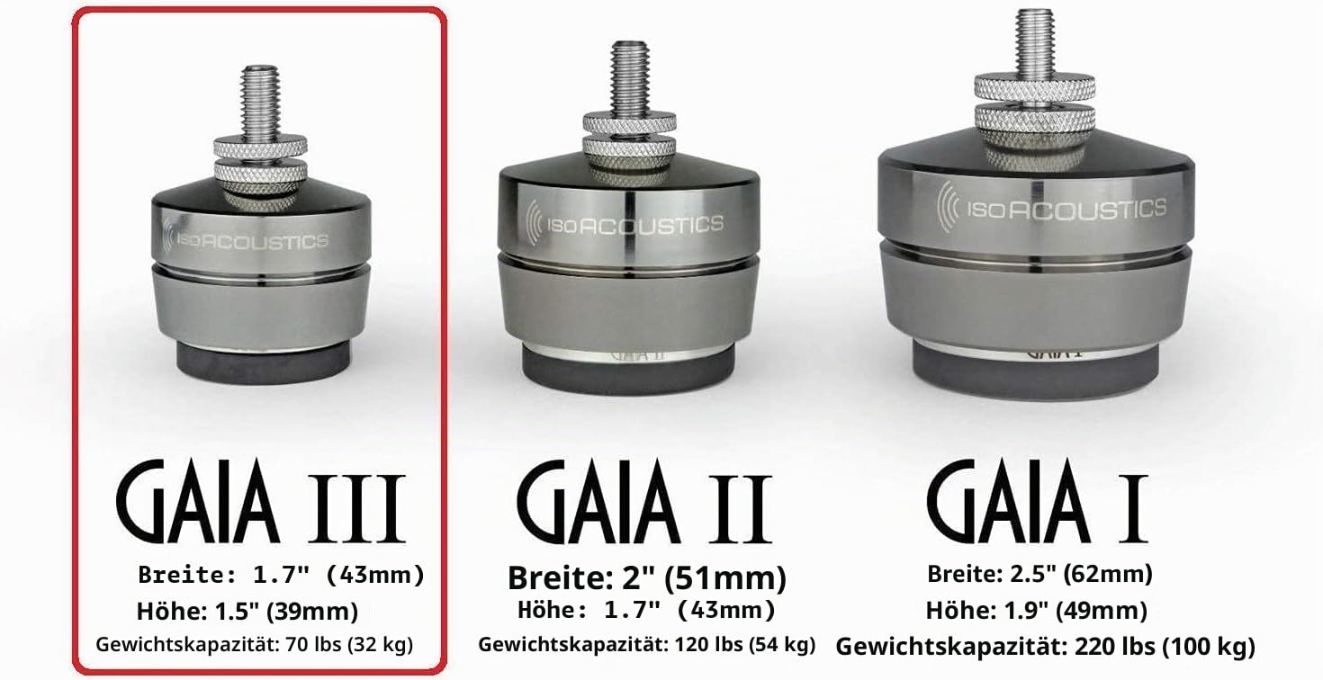 IsoAcoustics Gaia-Serie mit Isolatoren für Lautsprecher und Subwoofer Gaia III, 32 kg max. – 4 Stück