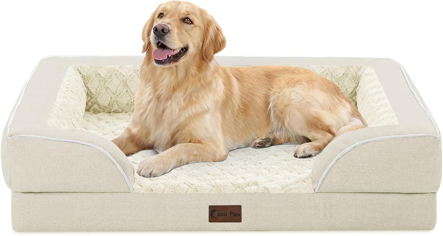 Orthopedic Dog Beds for Large Sized Dogs, Waterproof Memory Foam Large Pet Bed with Sides 36x27Inch, Non-Slip and Egg-Crate Foam Big Dog Couch Bed with Removable Washable Cover, Beige