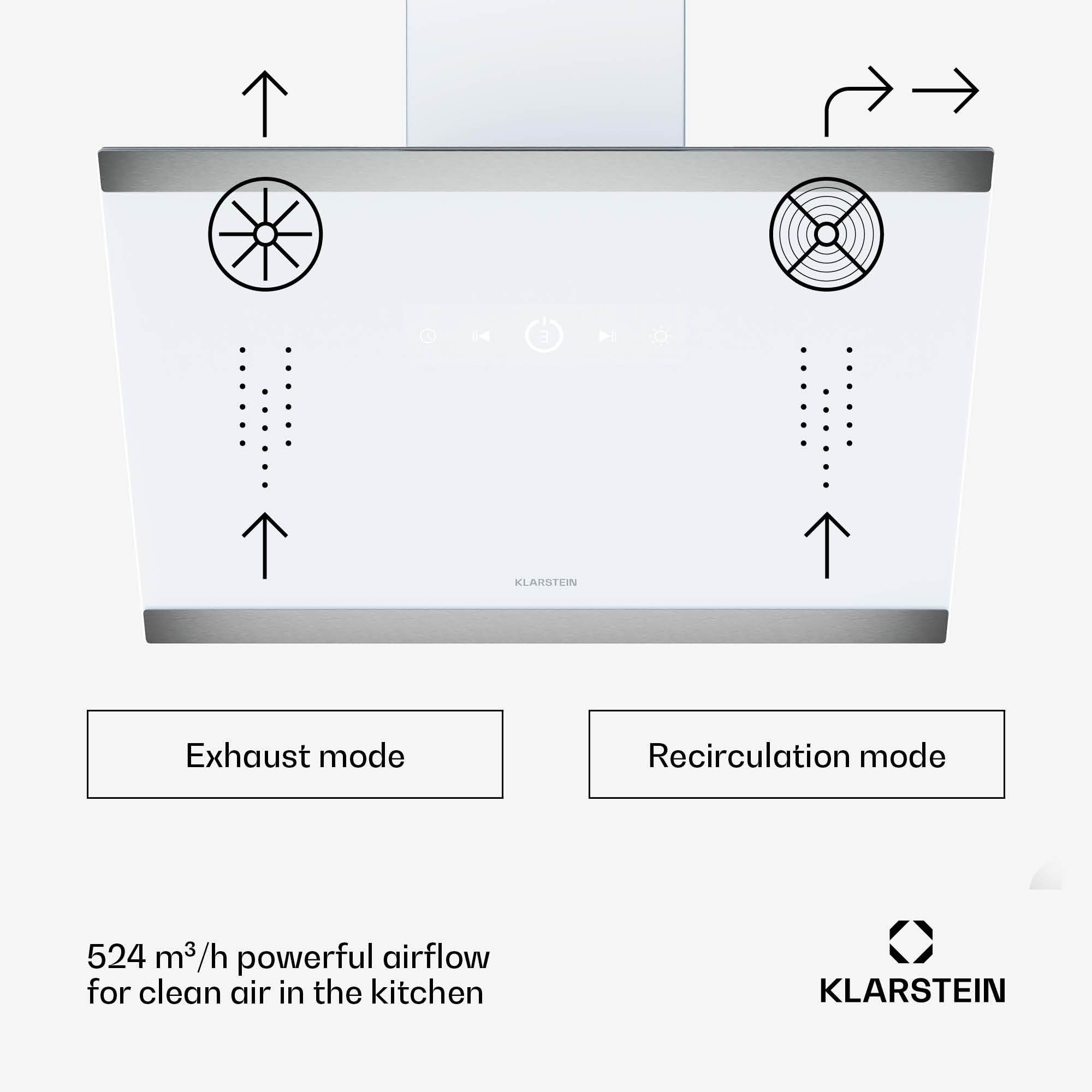 Klarstein FlashLine Okap kuchenny – Okap skośny 60 cm, Ekran dotykowy, Przepływ 578 m³/h, Klasa energetyczna A++, Oświetlenie LED, 34,5 dB, Biały, Tryb wyciągu i recyrkulacji