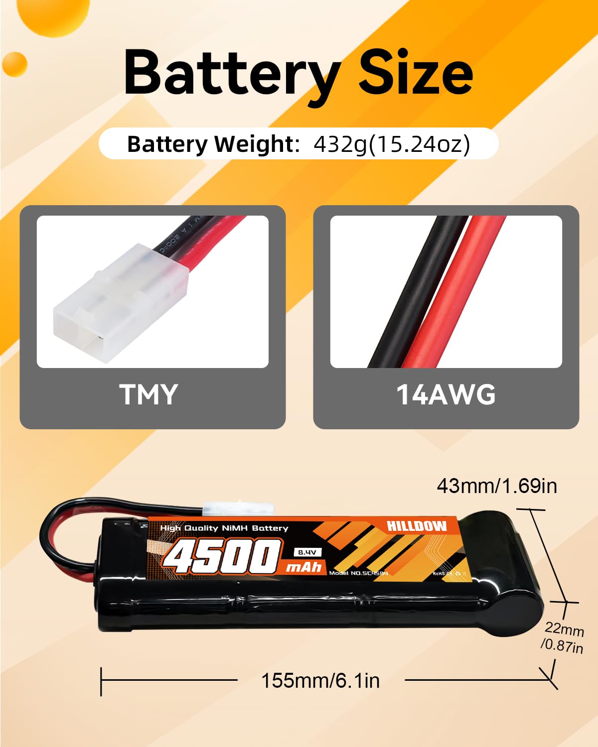 Hilldow 8,4V 4500mAh NiMH-Akku mit TMY-Stecker wiederaufladbarer RC-Akku für RC-Autos Lastwagen und Fahrzeuge (2 Packungen)